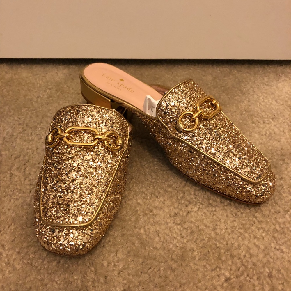 Kate Spade Gold Glitter Chain Mules
